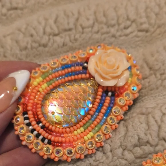 Hand Beaded Earrings with Floral Accent - Picture 2 of 5